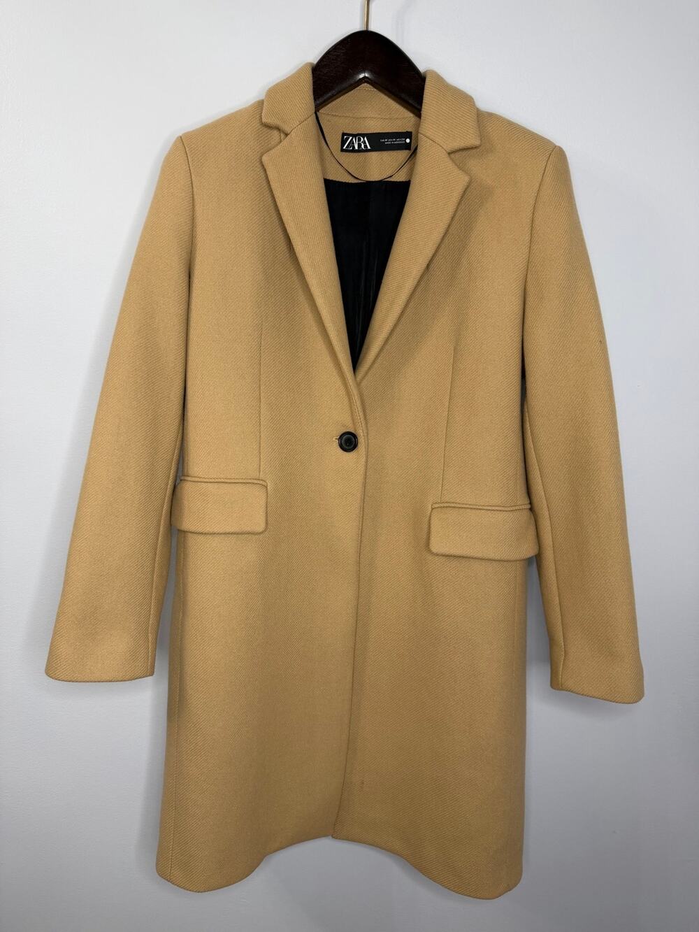 Zara Women Wool Blend Coat Single Breasted Tan Camel Classic Casual Wardrobe M
